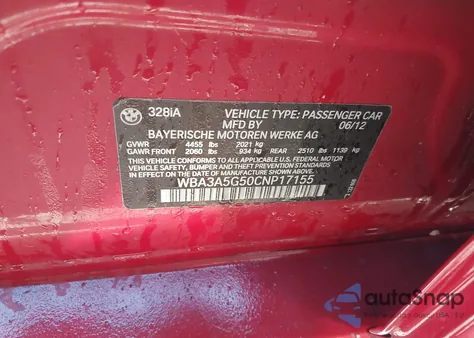 2012 BMW 328I из США, поврежденный, VIN WBA3A5G5XCNP17115